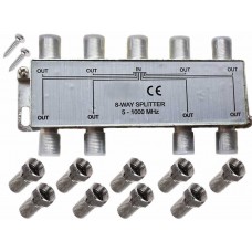 Spliter antenă TV, Active, multiplicator cablu coaxial RF, 8 Iesiri + 1 Intrare, mufe legatură incluse